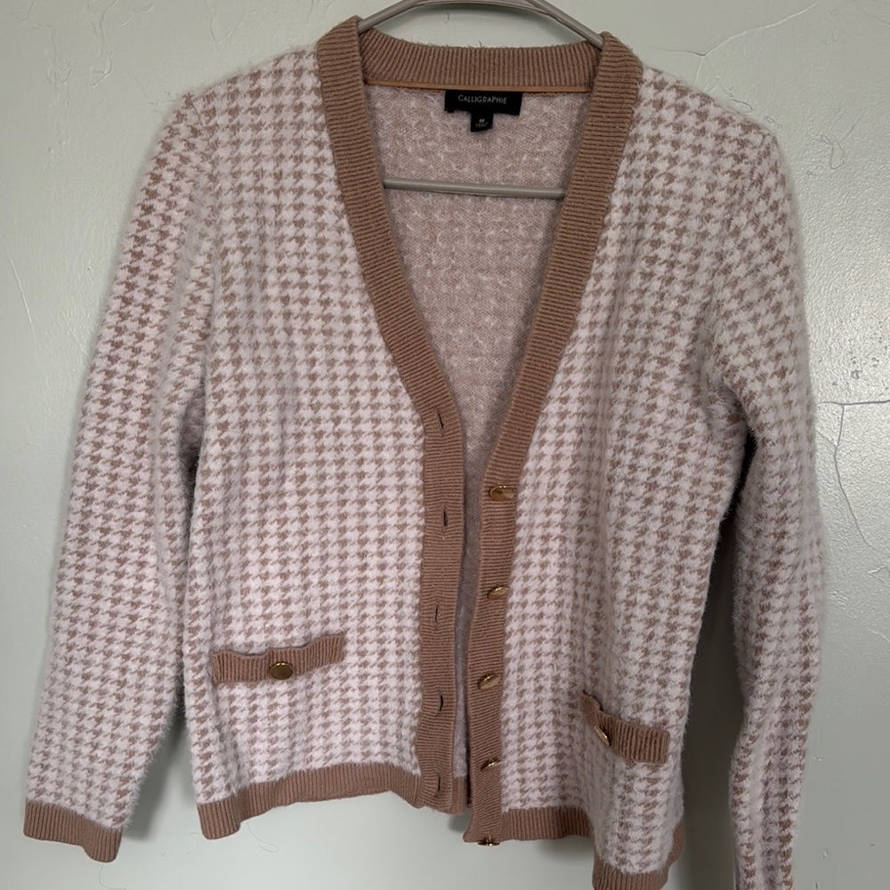 Chico's Cream and Brown Houndstooth Cardigan Sweater